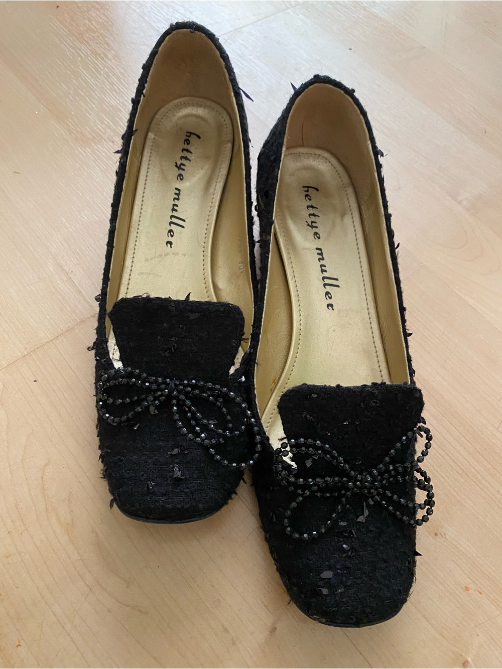 Bettye Muller Black Beaded Tweed Loafers with Bow Detail 40